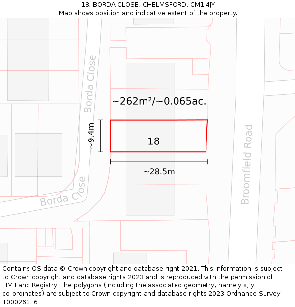 18, BORDA CLOSE, CHELMSFORD, CM1 4JY: Plot and title map