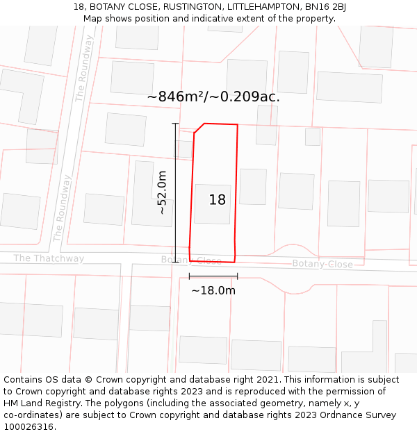 18, BOTANY CLOSE, RUSTINGTON, LITTLEHAMPTON, BN16 2BJ: Plot and title map