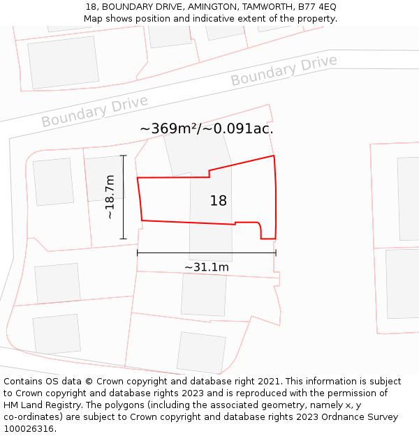 18, BOUNDARY DRIVE, AMINGTON, TAMWORTH, B77 4EQ: Plot and title map