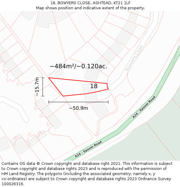 18, BOWYERS CLOSE, ASHTEAD, KT21 1LF: Plot and title map