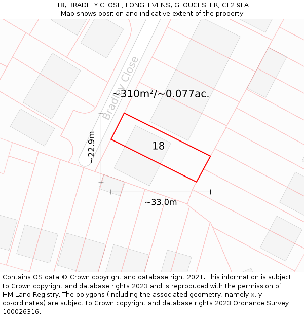 18, BRADLEY CLOSE, LONGLEVENS, GLOUCESTER, GL2 9LA: Plot and title map