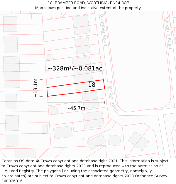 18, BRAMBER ROAD, WORTHING, BN14 8QB: Plot and title map