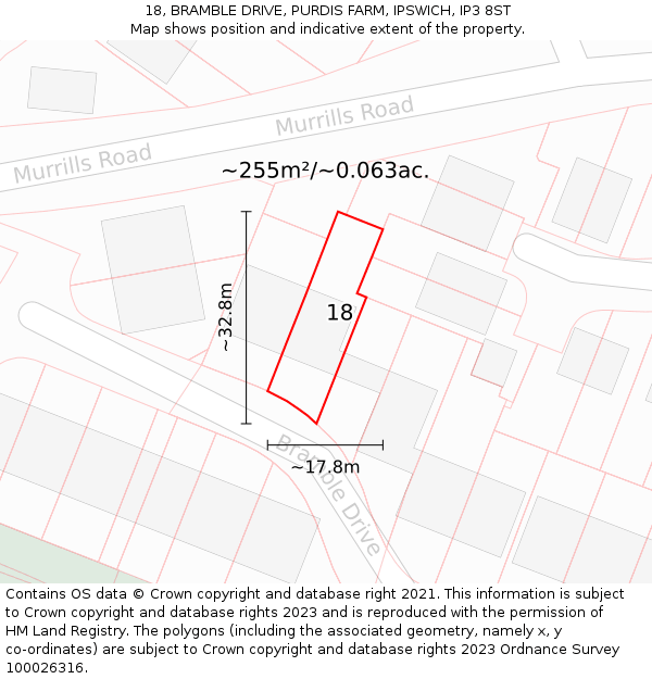 18, BRAMBLE DRIVE, PURDIS FARM, IPSWICH, IP3 8ST: Plot and title map