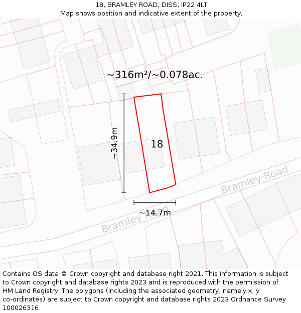 18, BRAMLEY ROAD, DISS, IP22 4LT: Plot and title map