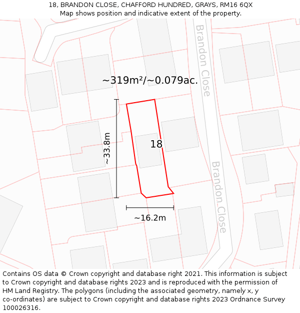 18, BRANDON CLOSE, CHAFFORD HUNDRED, GRAYS, RM16 6QX: Plot and title map