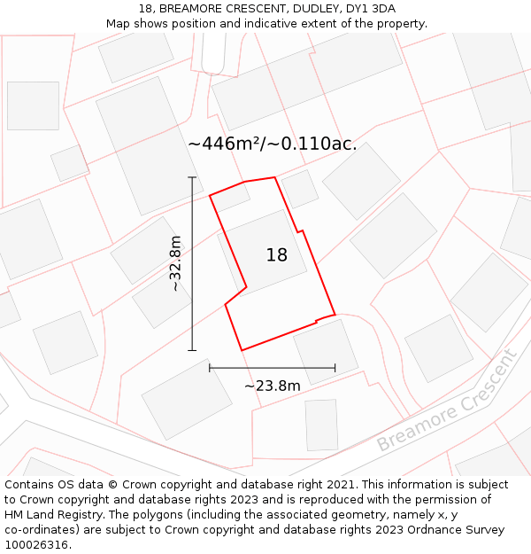 18, BREAMORE CRESCENT, DUDLEY, DY1 3DA: Plot and title map