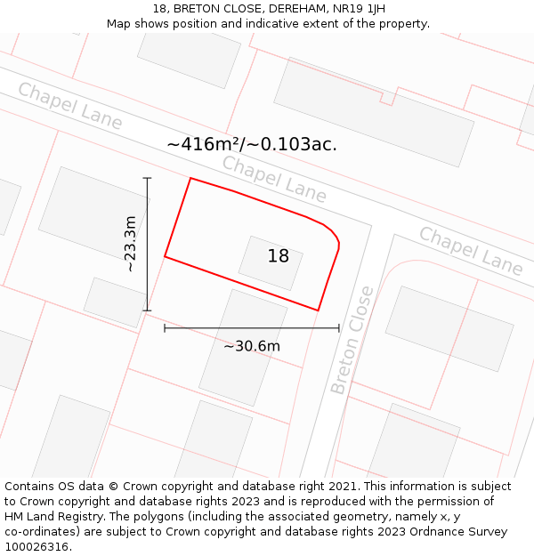 18, BRETON CLOSE, DEREHAM, NR19 1JH: Plot and title map