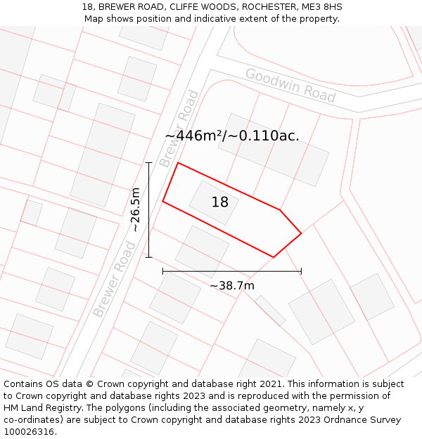 18, BREWER ROAD, CLIFFE WOODS, ROCHESTER, ME3 8HS: Plot and title map