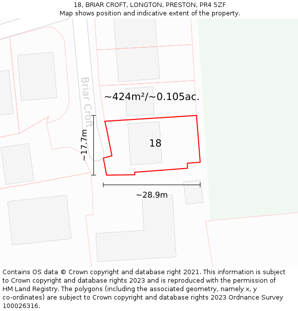 18, BRIAR CROFT, LONGTON, PRESTON, PR4 5ZF: Plot and title map