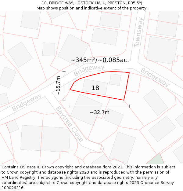 18, BRIDGE WAY, LOSTOCK HALL, PRESTON, PR5 5YJ: Plot and title map
