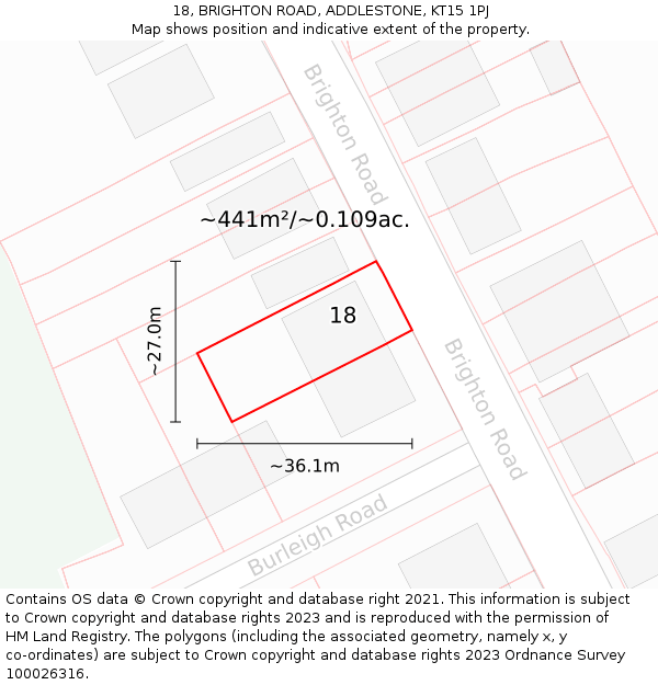 18, BRIGHTON ROAD, ADDLESTONE, KT15 1PJ: Plot and title map