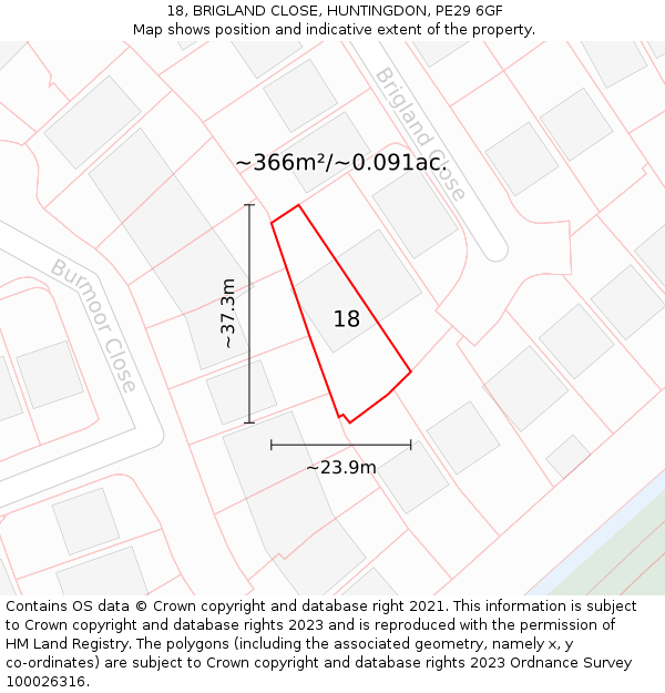 18, BRIGLAND CLOSE, HUNTINGDON, PE29 6GF: Plot and title map