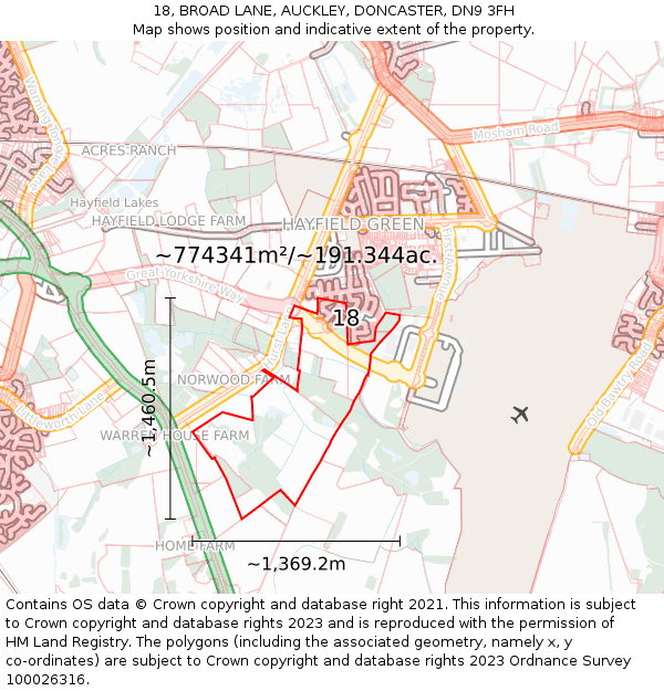 18, BROAD LANE, AUCKLEY, DONCASTER, DN9 3FH: Plot and title map