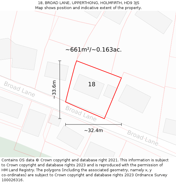 18, BROAD LANE, UPPERTHONG, HOLMFIRTH, HD9 3JS: Plot and title map