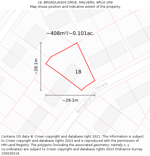 18, BROADLANDS DRIVE, MALVERN, WR14 1PW: Plot and title map