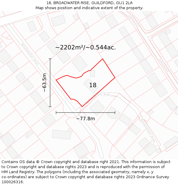 18, BROADWATER RISE, GUILDFORD, GU1 2LA: Plot and title map