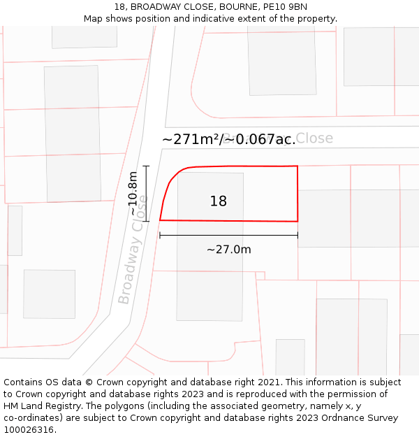 18, BROADWAY CLOSE, BOURNE, PE10 9BN: Plot and title map