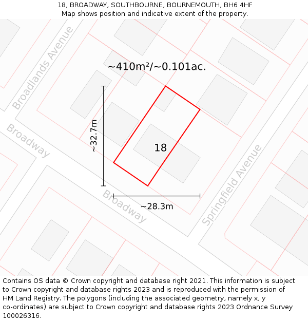 18, BROADWAY, SOUTHBOURNE, BOURNEMOUTH, BH6 4HF: Plot and title map
