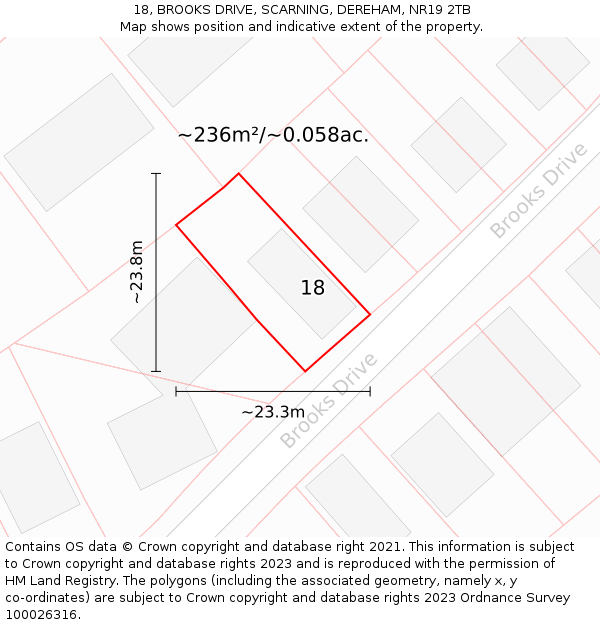 18, BROOKS DRIVE, SCARNING, DEREHAM, NR19 2TB: Plot and title map