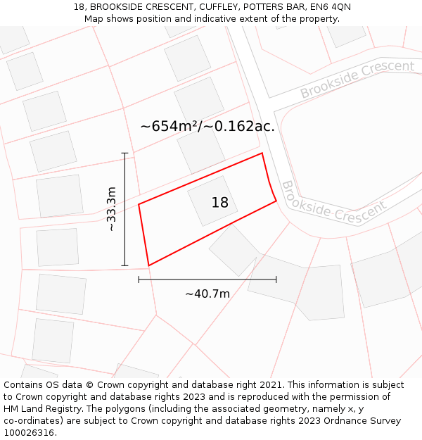18, BROOKSIDE CRESCENT, CUFFLEY, POTTERS BAR, EN6 4QN: Plot and title map