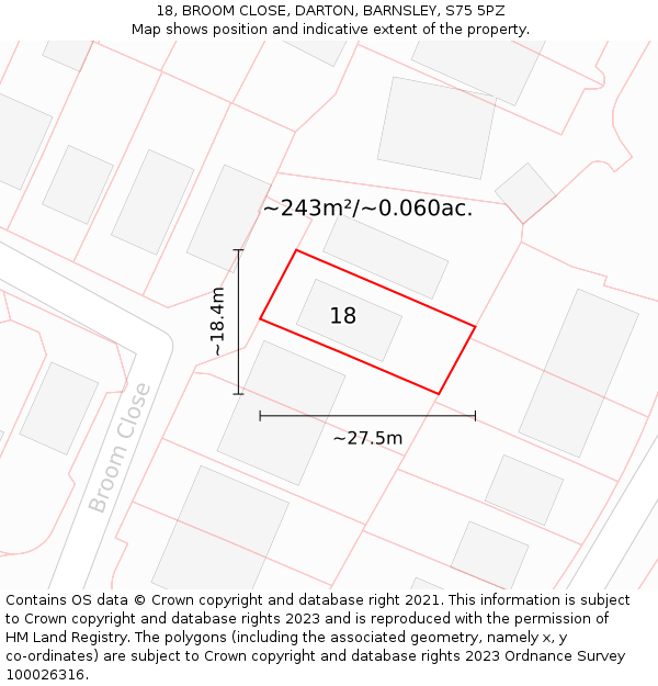 18, BROOM CLOSE, DARTON, BARNSLEY, S75 5PZ: Plot and title map