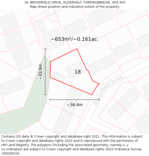 18, BROOMFIELD DRIVE, ALDERHOLT, FORDINGBRIDGE, SP6 3HY: Plot and title map