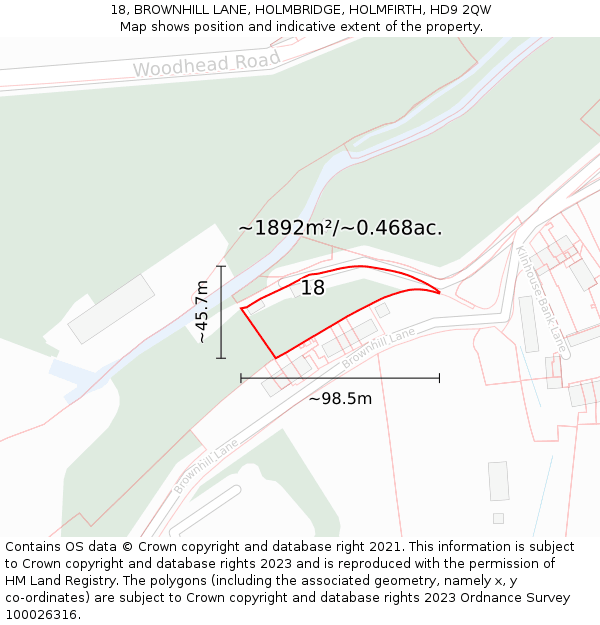 18, BROWNHILL LANE, HOLMBRIDGE, HOLMFIRTH, HD9 2QW: Plot and title map