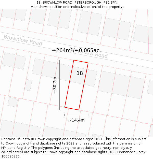 18, BROWNLOW ROAD, PETERBOROUGH, PE1 3PN: Plot and title map