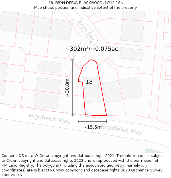 18, BRYN DERW, BLACKWOOD, NP12 1SN: Plot and title map