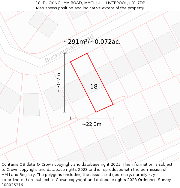 18, BUCKINGHAM ROAD, MAGHULL, LIVERPOOL, L31 7DP: Plot and title map