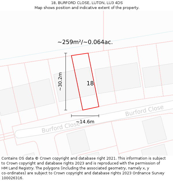 18, BURFORD CLOSE, LUTON, LU3 4DS: Plot and title map