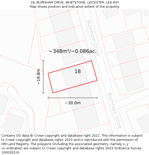 18, BURNHAM DRIVE, WHETSTONE, LEICESTER, LE8 6HY: Plot and title map