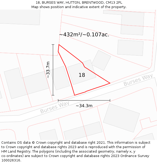 18, BURSES WAY, HUTTON, BRENTWOOD, CM13 2PL: Plot and title map