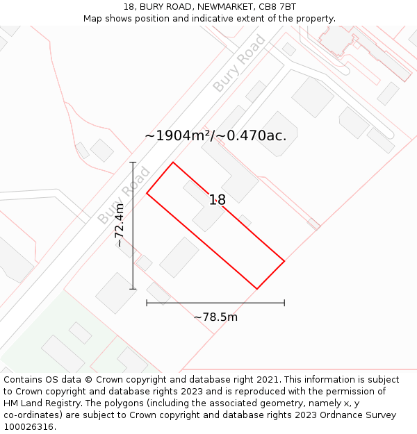 18, BURY ROAD, NEWMARKET, CB8 7BT: Plot and title map
