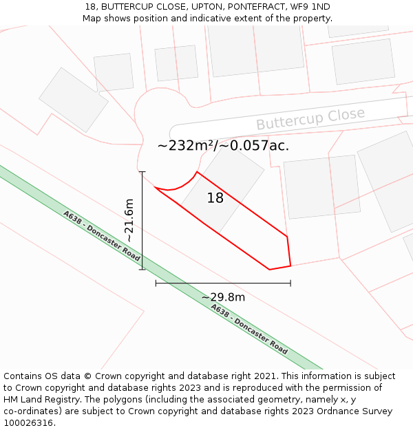 18, BUTTERCUP CLOSE, UPTON, PONTEFRACT, WF9 1ND: Plot and title map