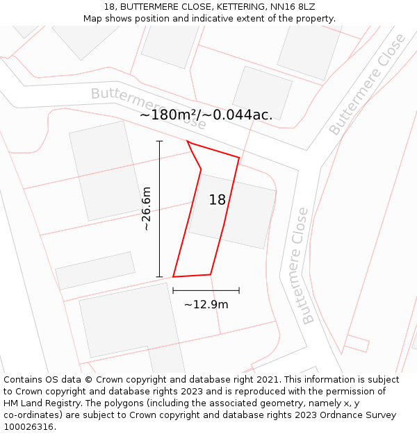 18, BUTTERMERE CLOSE, KETTERING, NN16 8LZ: Plot and title map