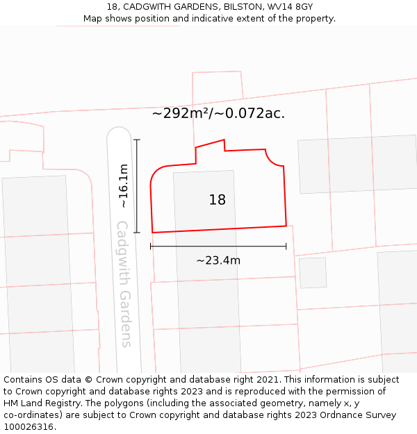 18, CADGWITH GARDENS, BILSTON, WV14 8GY: Plot and title map