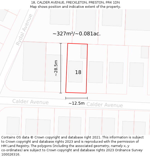 18, CALDER AVENUE, FRECKLETON, PRESTON, PR4 1DN: Plot and title map