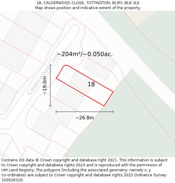 18, CALDERWOOD CLOSE, TOTTINGTON, BURY, BL8 3LE: Plot and title map