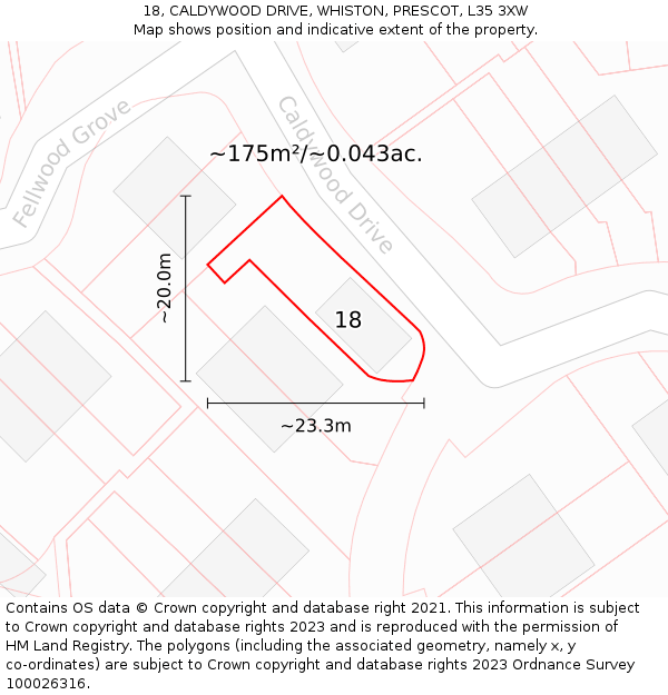 18, CALDYWOOD DRIVE, WHISTON, PRESCOT, L35 3XW: Plot and title map