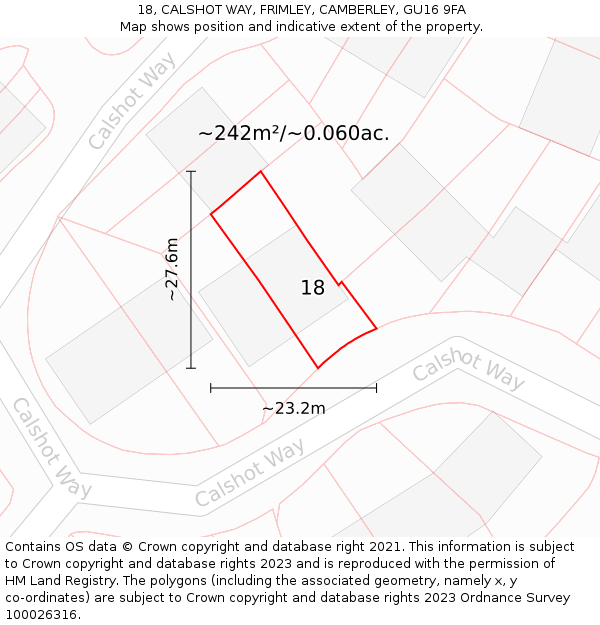 18, CALSHOT WAY, FRIMLEY, CAMBERLEY, GU16 9FA: Plot and title map