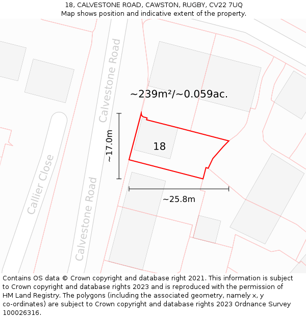18, CALVESTONE ROAD, CAWSTON, RUGBY, CV22 7UQ: Plot and title map