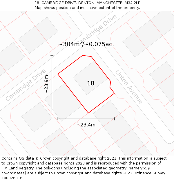 18, CAMBRIDGE DRIVE, DENTON, MANCHESTER, M34 2LP: Plot and title map