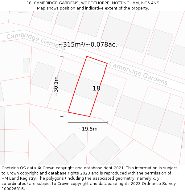 18, CAMBRIDGE GARDENS, WOODTHORPE, NOTTINGHAM, NG5 4NS: Plot and title map