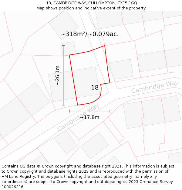 18, CAMBRIDGE WAY, CULLOMPTON, EX15 1GQ: Plot and title map