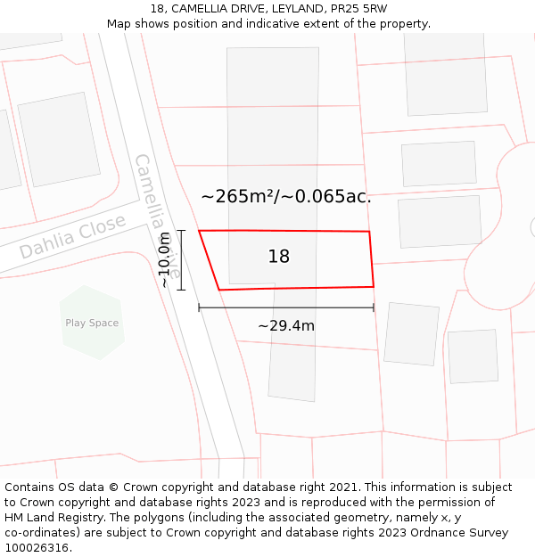18, CAMELLIA DRIVE, LEYLAND, PR25 5RW: Plot and title map