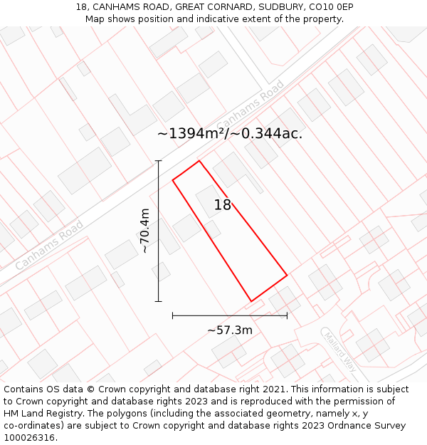 18, CANHAMS ROAD, GREAT CORNARD, SUDBURY, CO10 0EP: Plot and title map