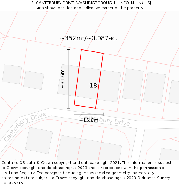 18, CANTERBURY DRIVE, WASHINGBOROUGH, LINCOLN, LN4 1SJ: Plot and title map