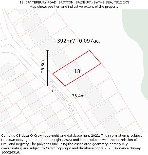 18, CANTERBURY ROAD, BROTTON, SALTBURN-BY-THE-SEA, TS12 2XG: Plot and title map