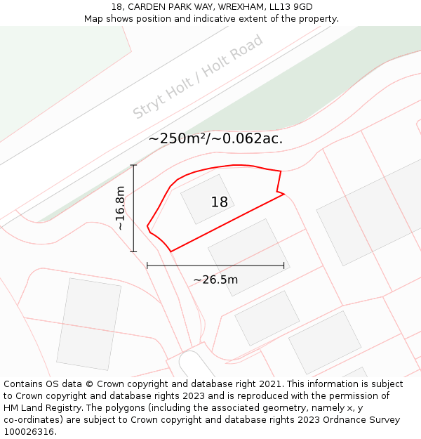 18, CARDEN PARK WAY, WREXHAM, LL13 9GD: Plot and title map